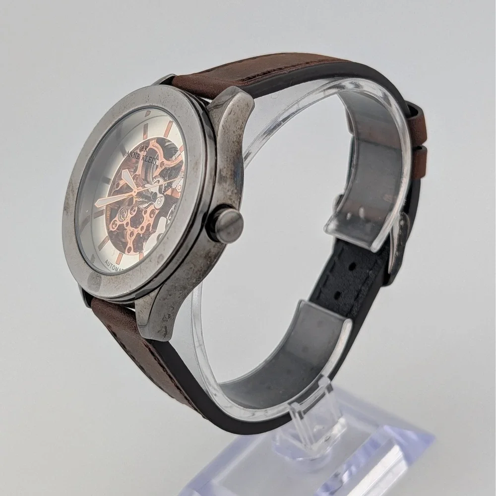 Anne Klein Automatic Skeleton Watch Rose Gold Tone Brown Leather 40mm TY2807RG